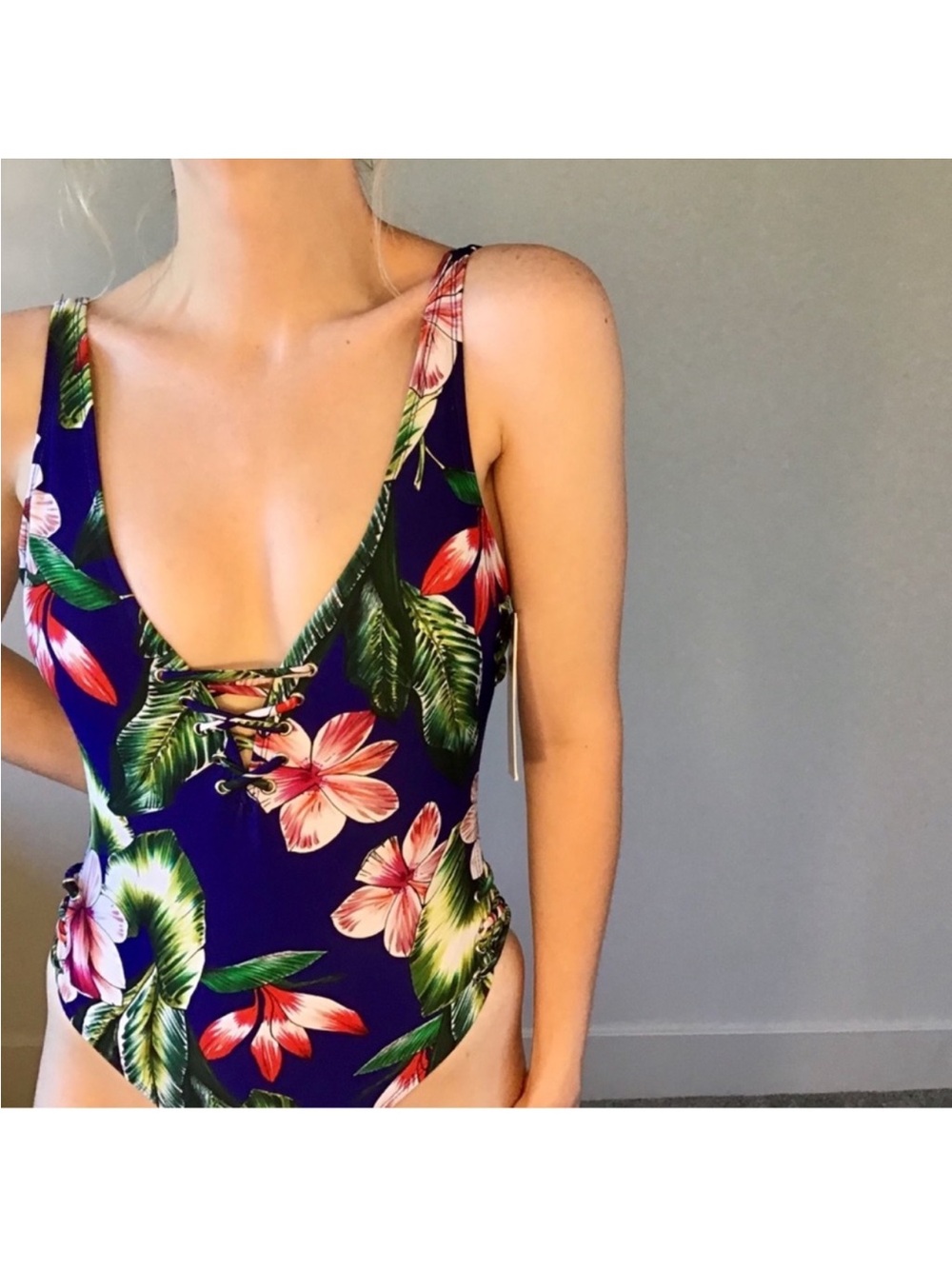 Floral Lace-Up One-Piece Swimsuit